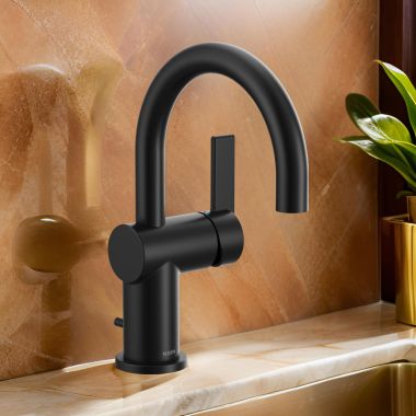 Click here to see Moen 6221BL Moen Cia One-Handle High Arc Matte Black Bathroom Faucet with Metal Lift Rod Drain and Temperature Indicators, 1.2 GPM, ADA Lever Handle, Single-Hole - 6221BL