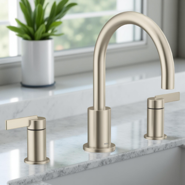 Click here to see Moen T6223BN Moen Cia Two-Handle Non-Diverter Roman Tub Faucet, 8in High Arc Spout, Widespread, Brushed Nickel - T6223BN