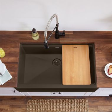 Click here to see Elkay ELXUFP362010CN0 Elkay Quartz Luxe Chestnut 36in x 22in x 9in Single Bowl Apron Farmhouse Workstation Kitchen Sink Kit with Cutting Board, Drain  - ELXUFP362010CN0  