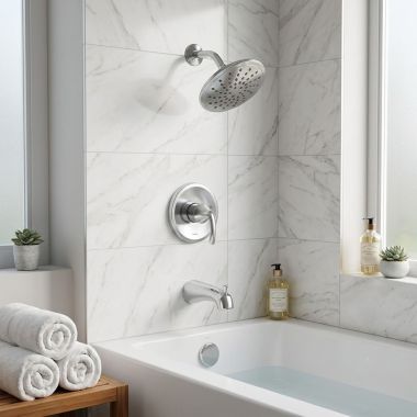 Click here to see  UT2843EP Moen Glyde M-Core 2-Series Tub/Shower Faucet with 1.75 GPM Rainshower, 1-Function, M-PACT, Eco-Performance, Chrome - UT2843EP