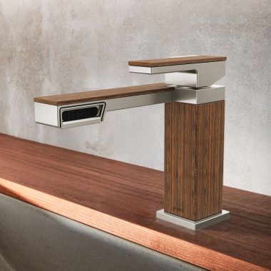 Click here to see Brizo 65022LF-NKTK Brizo Frank Lloyd Wright Single-Handle Deck-Mount Lavatory Faucet, Single-Hole, Ceramic Disk Cartridge, 1.2 GPM, Brilliance Luxe Nickel/Teak - 65022LF-NKTK 