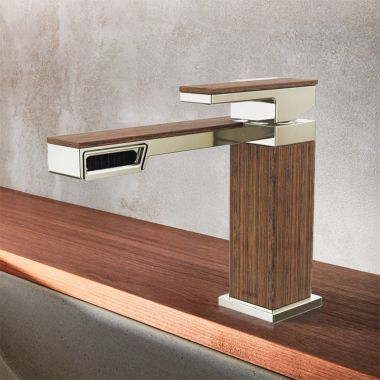 Click here to see Brizo 65022LF-PNTK Brizo Frank Lloyd Wright Single-Handle Deck-Mount Lavatory Faucet, Single-Hole, Ceramic Disk Cartridge, 1.2 GPM, Brilliance Polished Nickel/Wood - 65022LF-PNTK