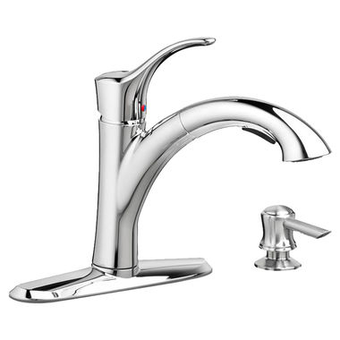 Click here to see  9015101.002 American Standard Mesa Single-Handle Pull-Out Kitchen Faucet with Soap Dispenser, Polished Chrome - 9015101.002