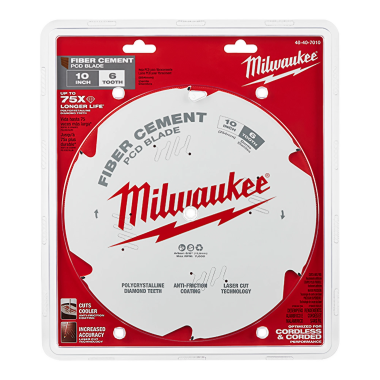 Click here to see Milwaukee 48-40-7010 Milwaukee 10in 4T Polycrystalline Diamond (PCD) Tipped Fiber Cement Circular Saw Blade with 5/8in Arbor Size and 0.079in Kerf - 48-40-7010