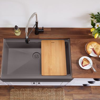 Click here to see Elkay ELXUFP362010SM0 Elkay Quartz Luxe Silvermist 36in x 22in x 9in Single Bowl Apron Farmhouse Workstation Kitchen Sink Kit with Cutting Board, Drain  - ELXUFP362010SM0  