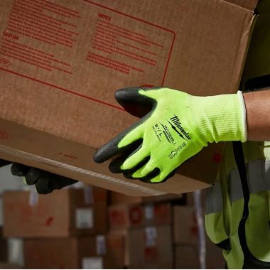 Click here to see Milwaukee 48-73-8911 Milwaukee SMARTWIPE Polyurethane Cut-Resistant Gloves, Cut Level 1, Medium, High Visibility Yellow/Black - 48-73-8911