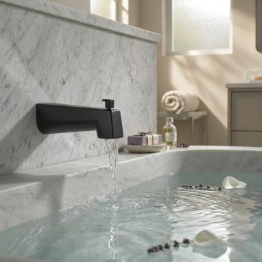 Click here to see  RP101849BL Delta Modern Tub Spout w/ Pull Up Diverter, Matte Black - RP101849BL