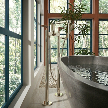 Click here to see Brizo T71766-PN Brizo Floor Mount Tub Filler Unions with Dual Column Design, Insulated, Brilliance Polished Nickel - T71766-PN