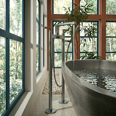 Click here to see Brizo T71766-SL Brizo Floor Mount Tub Filler Unions with Dual Column Design, Insulated, Brilliance Luxe Steel - T71766-SL