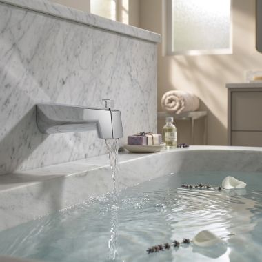 Click here to see  RP101849 Delta Modern Tub Spout w/ Pull Up Diverter, Chrome - RP101849