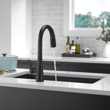 Click here to see Delta 9191-BL-DST Delta Monrovia Single Handle Pull-Down Kitchen Faucet, Matte Black - 9191-BL-DST