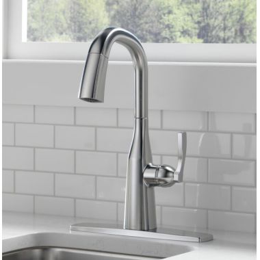 Click here to see Delta 9976-AR-PR-DST Delta Stryke 10/30/2023 One-Handle Pull-Down Arctic Stainless Kitchen Faucet, 1.8 GPM, Lever Handle, Diamond Seal Technology, ADA - 9976-AR-PR-DST