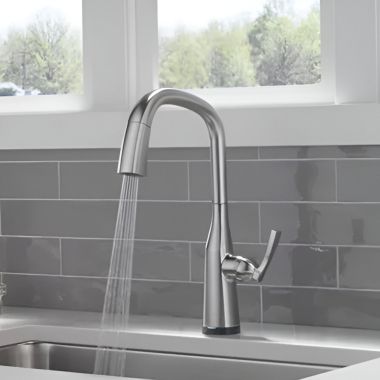 Click here to see Delta 9176TV-AR-PR-DST Delta Stryke 10/30/2023 One-Handle Pull-Down Arctic Stainless Kitchen Faucet, 1.8 GPM, Lever Handle, Diamond Seal Technology, Touch2O Technology, Voice IQ Technology, ADA - 9176TV-AR-PR-DST