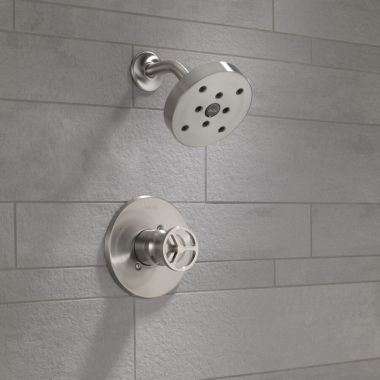 Click here to see Delta T14258-SS Delta Trinsic Monitor 14 Series Single-Handle H2Okinetic Shower Faucet with Raincan Shower Head, 1.75 GPM, Wheel Handle, Stainless - T14258-SS
