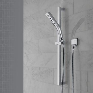 Click here to see Delta 51799-PR Delta 3-Setting Hand Shower with Slide Bar, H2Okinetic, Touch-Clean, WaterSense, 1.75 GPM, Lumicoat Chrome - 51799-PR