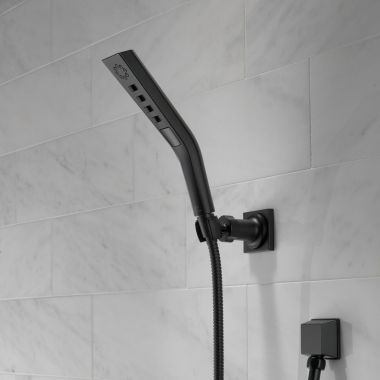 Click here to see Delta 55799-BL Delta H2Okinetic 3-Setting Hand Shower with Stretcable Metal Hose and Wall-Mount Bracket, 1.75 GPM, Touch-Clean, Matte Black - 55799-BL