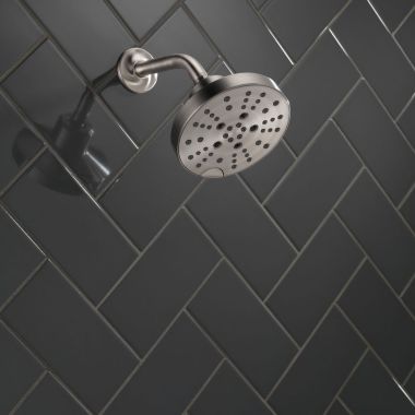 Click here to see Delta 52668-SS-PR Delta H2Okinetic 5-Setting Raincan Round Shower Head, 1.75 GPM, Lumicoat Stainless - 52668-SS-PR