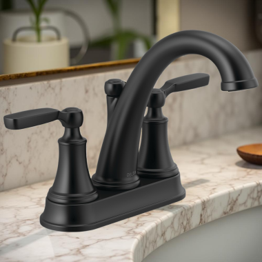 Click here to see Delta 2532LF-BLMPU Delta Woodhurst Two-Handle Centerset Bathroom Faucet with Metal Pop-Up, Deck Mount, Lever Handles, 1.2 GPM, Matte Black - 2532LF-BLMPU