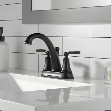 Click here to see Delta 2532LF-BLTP Delta Woodhurst Two-Handle Centerset Bathroom Faucet with 50/50 Pop-Up, Deck Mount, Lever Handles, Tract-Pack, 1.2 GPM, Matte Black - 2532LF-BLTP