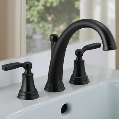 Click here to see Delta T2732-BL Delta Woodhurst Two-Handle Roman Tub Faucet Trim Only, Lever Handles, ADA-Compliant, Less Valve, Matte Black - T2732-BL