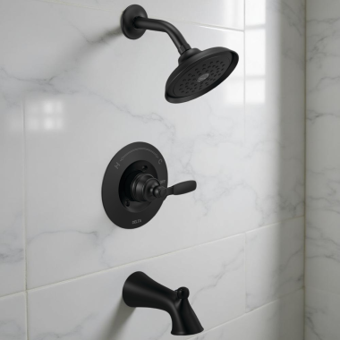 Click here to see Delta T14432-BL Delta Woodhurst Monitor 14 Series Single-Handle Tub/Shower Faucet with Rain Showerhead, Touch-Clean, 1.75 GPM, Lever Handle, Matte Black - T14432-BL