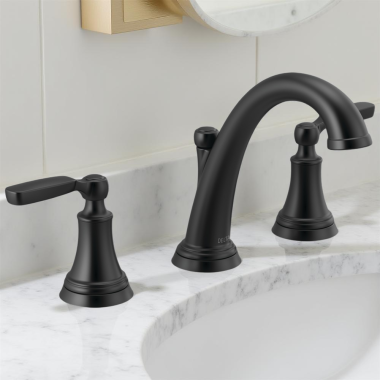 Click here to see Delta 3532LF-BLMPU Delta Woodhurst Widespread Two-Handle Lavatory Faucet with Metal Pop-Up Drain, 1.2 GPM, Lever Handles, Matte Black - 3532LF-BLMPU