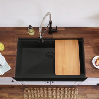 Click here to see Elkay ELXUFP362010CA0 Elkay Quartz Luxe Caviar 36in x 22in x 9in Single Bowl Apron Farmhouse Workstation Kitchen Sink Kit with Cutting Board, Drain  - ELXUFP362010CA0  