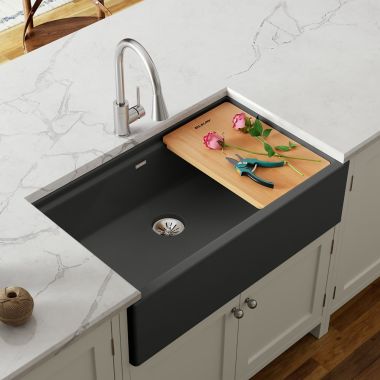 Click here to see Elkay ELXUFP362010CH0 Elkay Quartz Luxe Charcoal 36in x 22in x 9in Single Bowl Apron Farmhouse Workstation Kitchen Sink Kit with Cutting Board, Drain  - ELXUFP362010CH0  