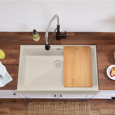 Click here to see Elkay ELXUFP362010PA0 Elkay Quartz Luxe Parchment 36in x 22in x 9in Single Bowl Apron Farmhouse Workstation Kitchen Sink Kit with Cutting Board, Drain  - ELXUFP362010PA0  