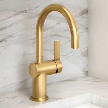 Click here to see Moen 5622BG Moen Cia Single-Handle High Arc Bar Faucet w/ 360-Degree Rotating Spout, 1.5 GPM, Brushed Gold - 5622BG