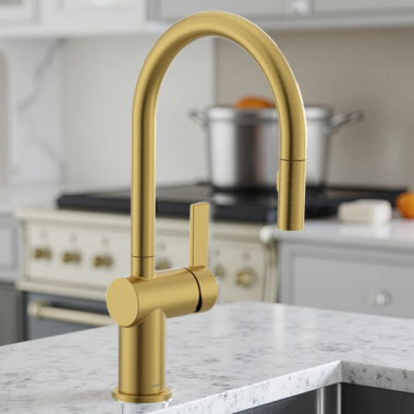 Click here to see Moen 7622BG Moen Cia Single-Handle High Arc Pull-Down Kitchen Faucet, 1.5 GPM, Brushed Gold - 7622BG