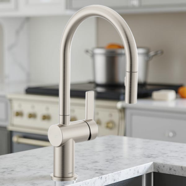 Click here to see Moen 7622SRS Moen Cia Single-Handle High Arc Pull-Down Kitchen Faucet, 1.5 GPM, Spot Resist Stainless - 7622SRS