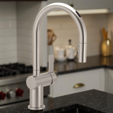 Click here to see Moen 7622EVSRS Moen Cia Smart Single-Handle High Arc Pull-Down Kitchen Faucet w/ Voice Activation, 1.5 GPM, Spot Resist Stainless - 7622EVSRS