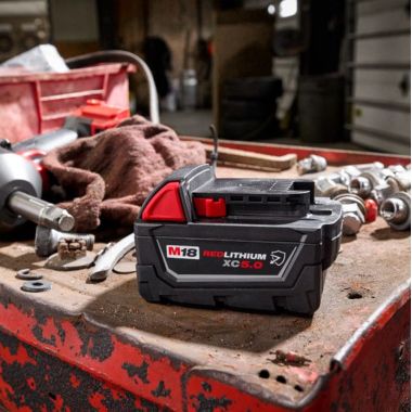 Click here to see Milwaukee 48-11-1850R Milwaukee M18 REDLITHIUM XC5.0 Resistant Battery, Resists Oils, Greases, and Solvents, All-Weather Performance - 48-11-1850R