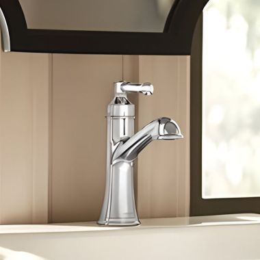 Click here to see Moen 6803 Moen Dartmoor Single-Handle High Arc Bathroom Faucet with Deckplate and Metal Pop-Up, 1.2 GPM, Pivot Action Lever Handle, Chrome - 6803