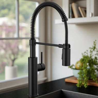 Click here to see Delta 18803-BL-DST Delta Antoni Single-Handle Pull-Down Spring Kitchen Faucet, 1.8 GPM, Matte Black - 18803-BL-DST