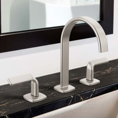 Click here to see Brizo 65367LF-NKLHP-ECO Brizo Allaria Two-Handle Widespread Deck-Mount Bathroom Faucet, Arc Spout, 1.2 GPM, Less Handles, Brilliance Luxe Nickel  - 65367LF-NKLHP-ECO