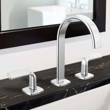 Click here to see  65367LF-PCLHP-ECO Brizo Allaria Two-Handle Widespread Deck-Mount Polished Chrome Bathroom Faucet, Arc Spout, 1.2 GPM, Three-Hole, Less Handles - 65367LF-PCLHP-ECO