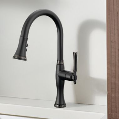 Click here to see Brizo 63058LF-BLBNX Brizo Tulham Single Handle Pull-Down Kitchen Faucet, 1.8 GPM, Matte Black/Brilliance Black Onyx - 63058LF-BLBNX