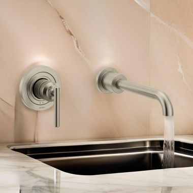 Click here to see Moen WT961BN Moen Gibson Single-Handle Wall-Mount Tub Faucet, Non-Diverter, 10in Ultrathin Tub Spout, Lever Handle, 8GPM, Brushed Nickel - WT961BN