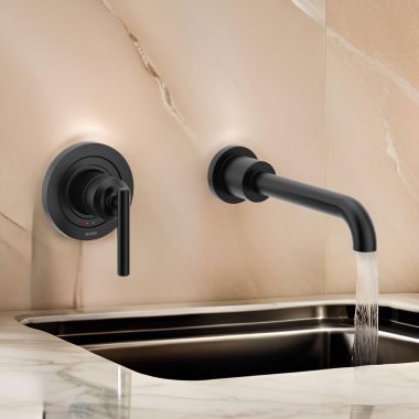 Click here to see Moen WT961BL Moen Gibson Wall-Mount Tub Faucet with 10in Ultrathin Tub Spout, Single Lever Handle with Temperature Indicator, 8 GPM, Matte Black - WT961BL