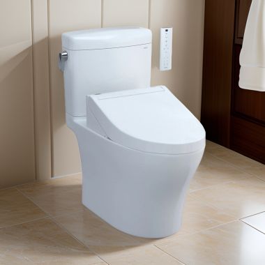 Click here to see Toto MW4363084CEMFGN#01 TOTO Aquia IV Cube WASHLET+ Two-Piece Toilet with C5 Bidet Seat, 1.28/0.9 GPF, Cotton White - MW4363084CEMFGN#01