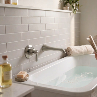 Click here to see  WTS921BN Moen Flara Single-Handle Wall-Mount Tub Filler Trim with Ultrathin Spout, Lever Handle, 8 GPM, Brushed Nickel - WTS921BN