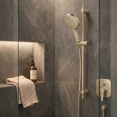 Click here to see Grohe 26545EN0 GROHE RAINSHOWER SmartActive 3-Spray Handshower, 1.75 GPM, Brushed Nickel InfinityFinish - 26545EN0 