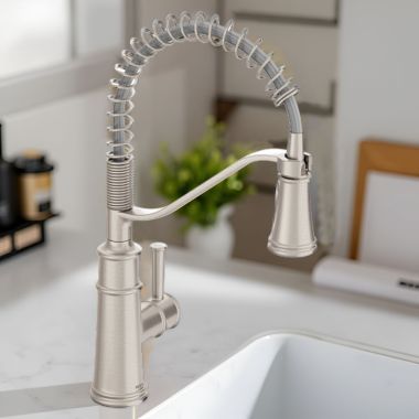 Click here to see Moen 5927SRS Moen Belfield Single-Handle High Arc Pre-Rinse Spring Pulldown Kitchen Faucet, 1.5 GPM, Spot Resist Stainless - 5927SRS