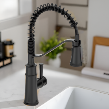 Click here to see Moen 5927BL Moen Belfield Single-Handle High Arc Pre-Rinse Spring Pulldown Kitchen Faucet, 1.5 GPM, Matte Black - 5927BL