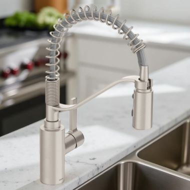 Click here to see Moen 5926SRS Moen Genta LX Single-Handle Pre-Rinse Spring Pulldown Kitchen Faucet, High Arc, 1.5 GPM, Spot Resist Stainless - 5926SRS