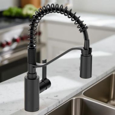 Click here to see Moen 5926BL Moen Genta LX Single-Handle Pre-Rinse Spring Pulldown Kitchen Faucet, High Arc, 1.5 GPM, Matte Black - 5926BL