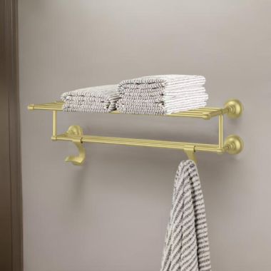 Click here to see Pfister BTR-TB2BG Pfister Tisbury 24in Towel Rack with Two Hanging Hooks, Premium Metal, Concealed Screw Installation, Brushed Gold - BTR-TB2BG