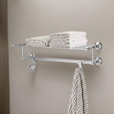 Click here to see Pfister BTR-TB2C Pfister Tisbury 24in Towel Rack with Two Hanging Hooks, Premium Metal, Concealed Screw Installation, Polished Chrome - BTR-TB2C